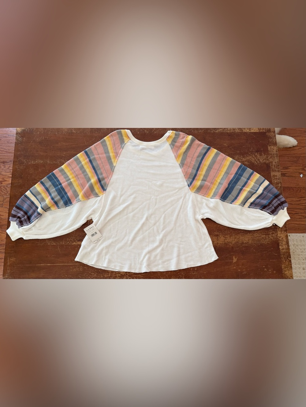 Free People White Combo Rainbow Stripe Thermal Waffle Knit Top NWT S